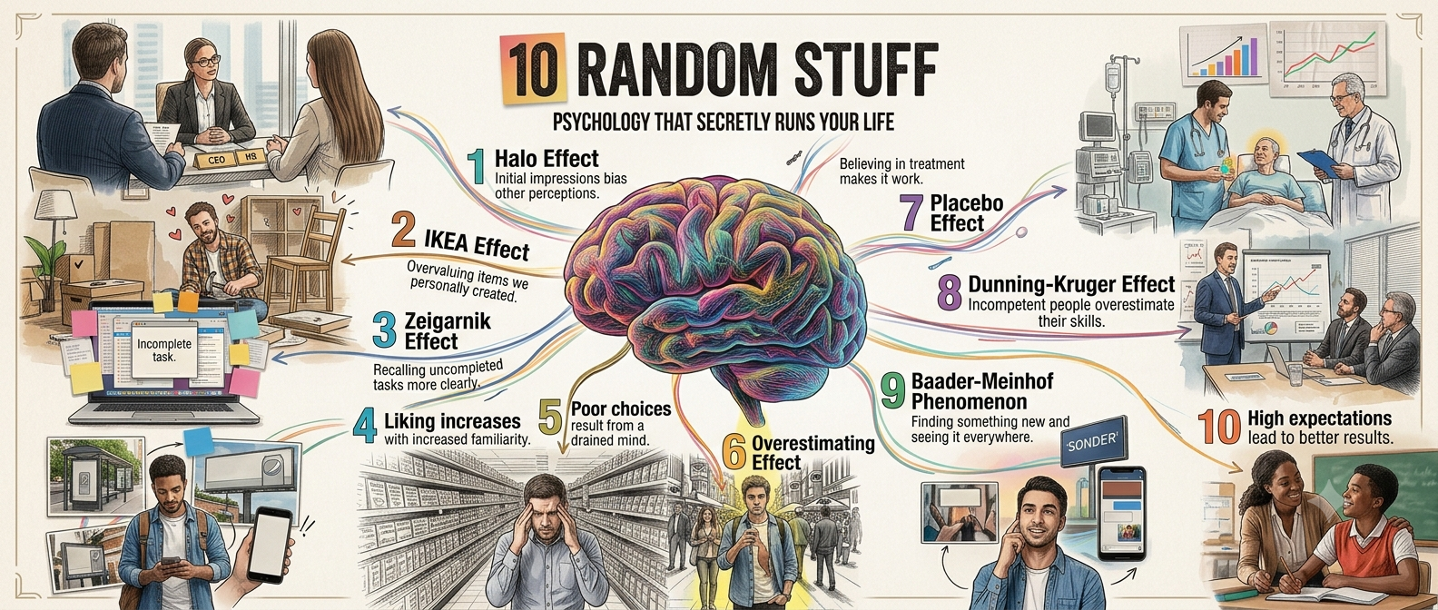 Infographic showing ten psychological biases orbiting a colorful brain: Halo Effect, IKEA Effect, Zeigarnik Effect, Mere Exposure Effect, Decision Fatigue, Spotlight Effect, Placebo Effect, Dunning-Kruger, Baader-Meinhof and Pygmalion Effect.